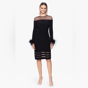 BETSY & Adam Feathered Cuff Long Sleeve Knee Length Party Sheath Cocktail 8P